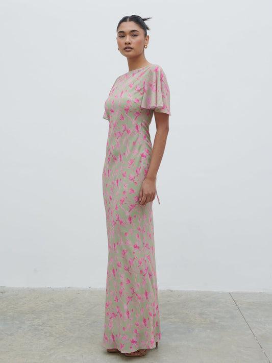 Jules Maxi Dress - Olive and Fuchsia Petal Floral