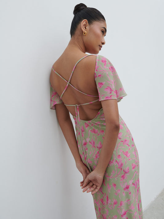 Jules Maxi Dress - Olive and Fuchsia Petal Floral