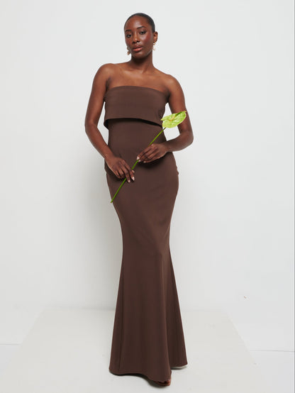 Julia Strapless Crepe Maxi Bridesmaid Dress - Chocolate