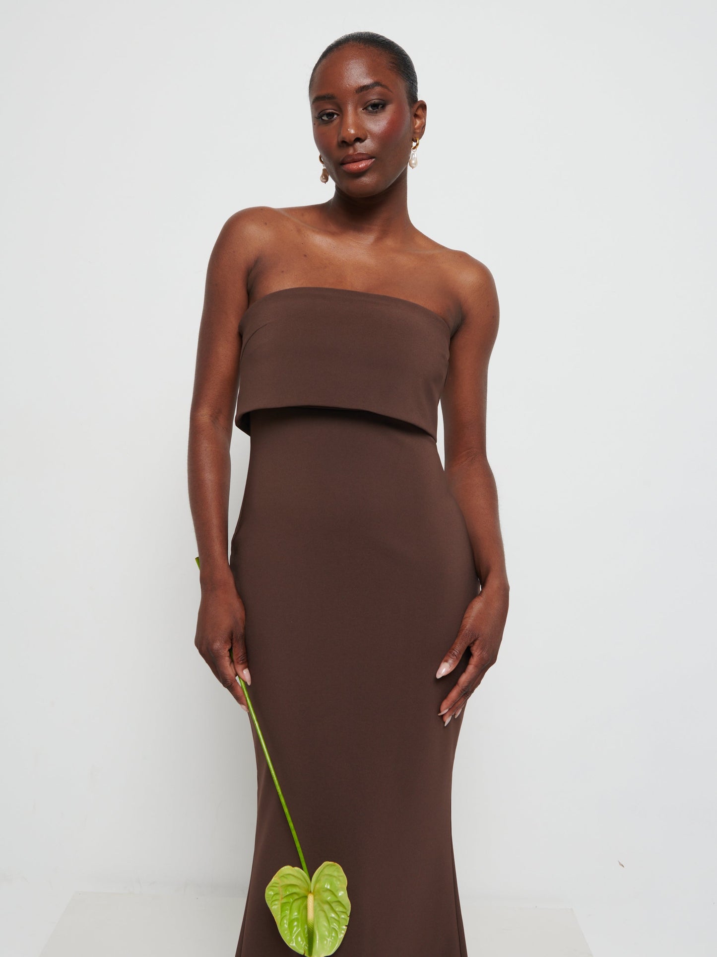 Julia Strapless Crepe Maxi Bridesmaid Dress - Chocolate