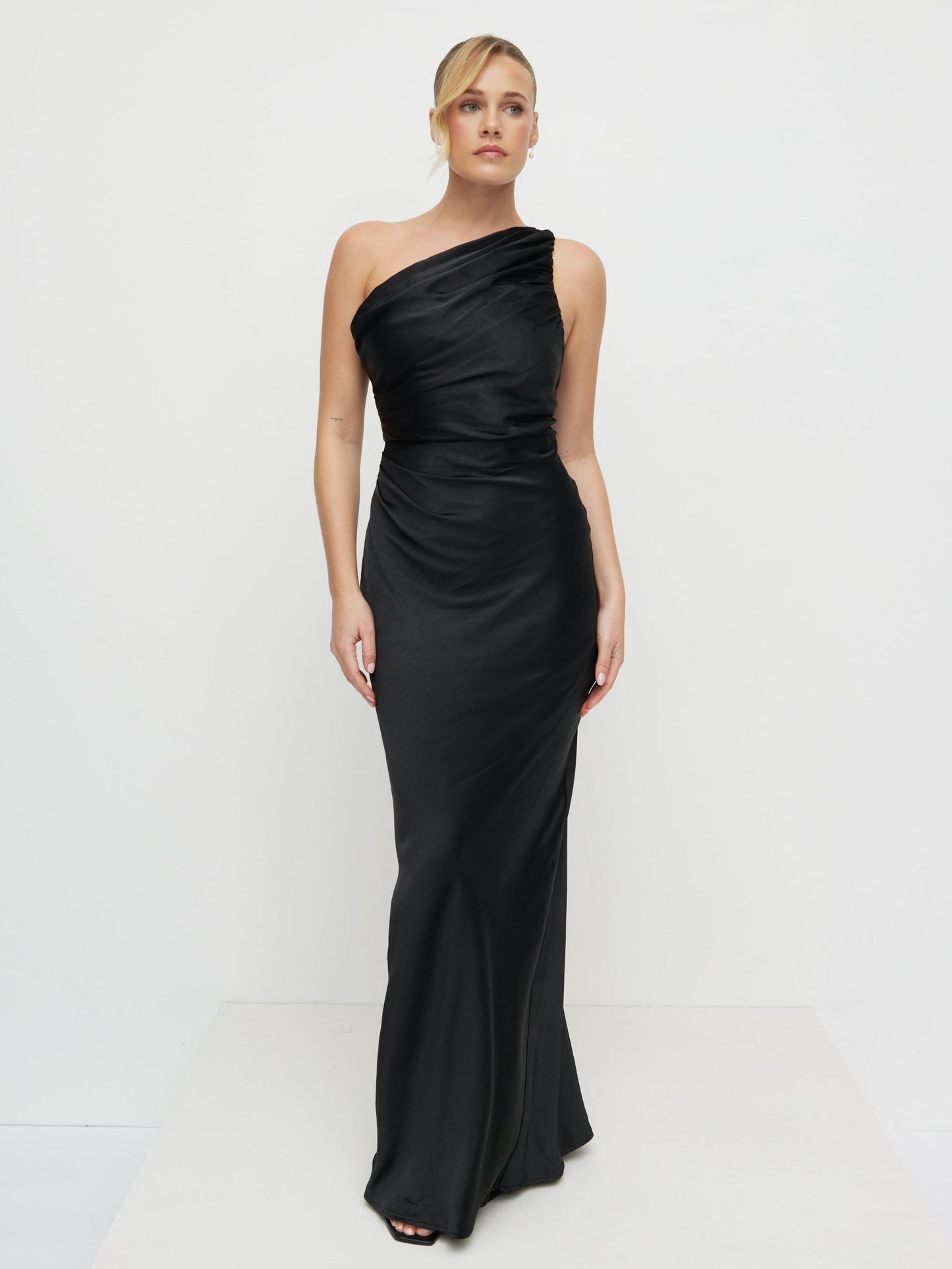 Juliet Ruched Satin Maxi Dress - Black