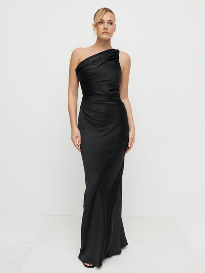 Juliet Ruched Satin Maxi Dress - Black