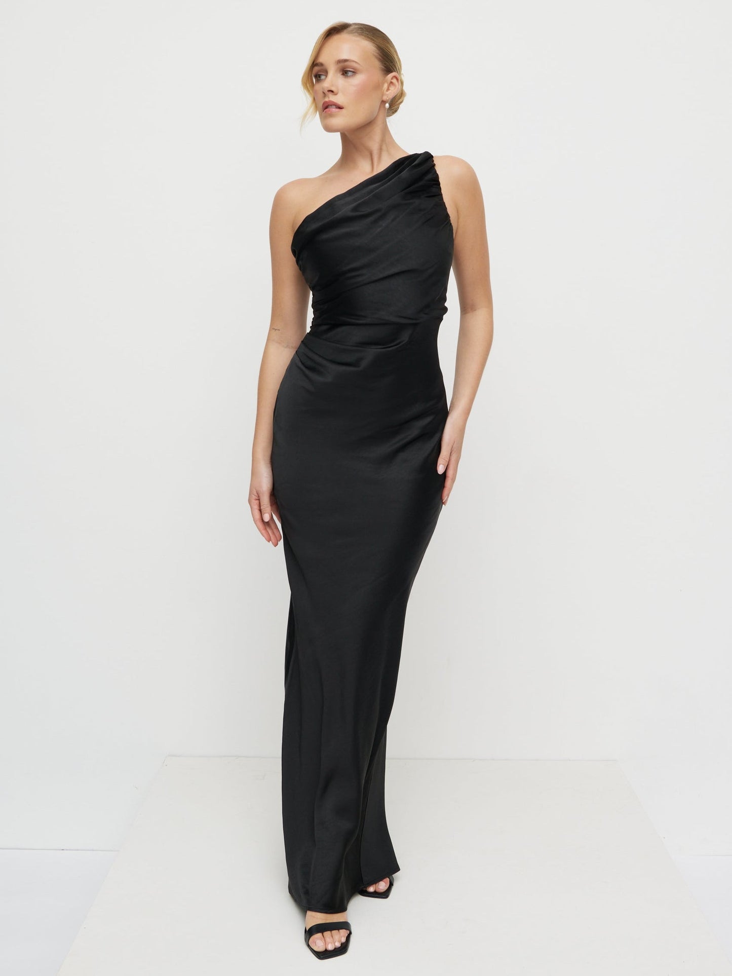 Juliet Ruched Satin Maxi Dress - Black
