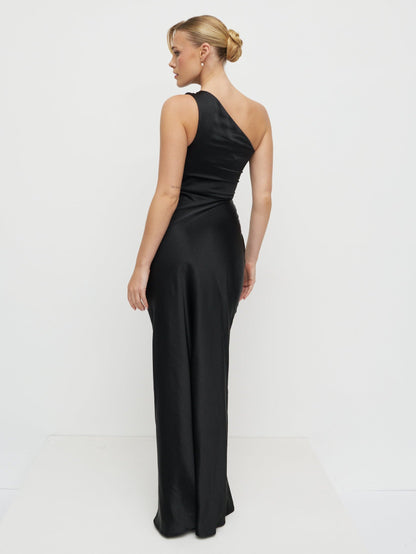 Juliet Ruched Satin Maxi Dress - Black