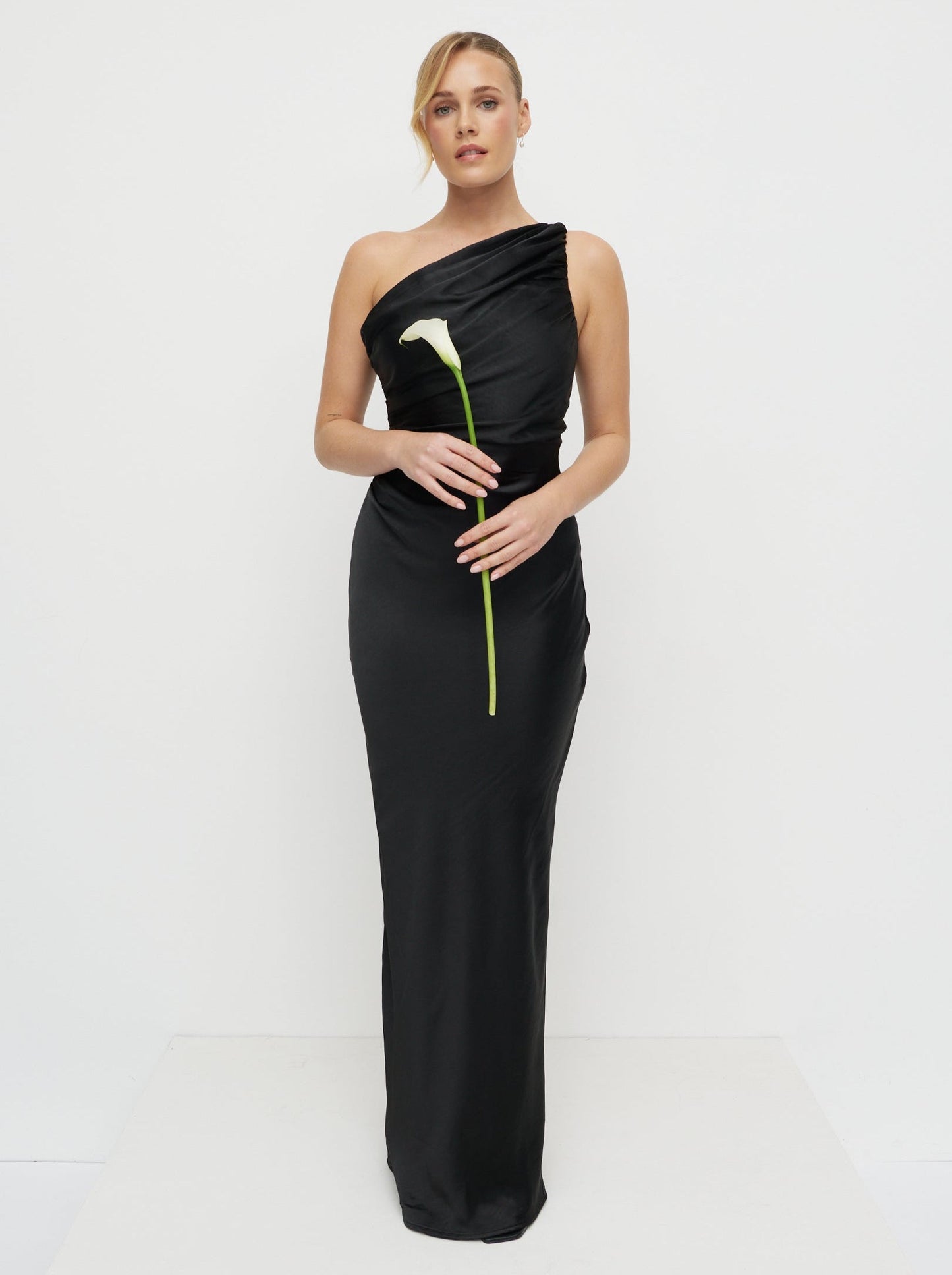 Juliet Ruched Satin Maxi Dress - Black