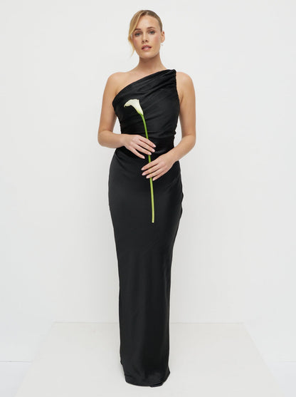 Juliet Ruched Satin Maxi Dress - Black