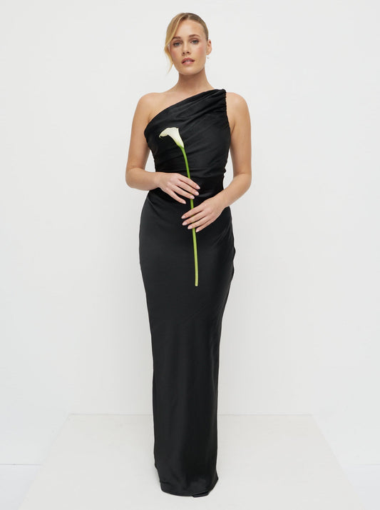 Juliet Ruched Satin Maxi Dress - Black