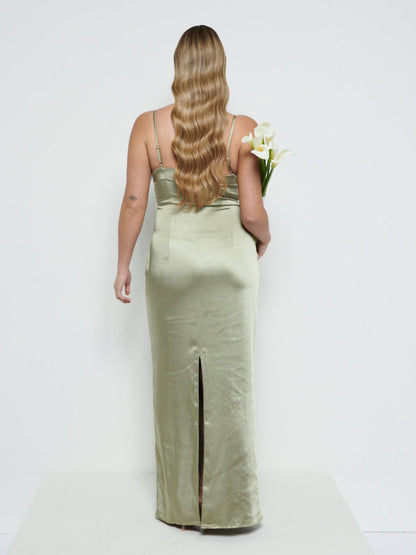 June Satin Maxi Bridesmaid Dress - Olive
