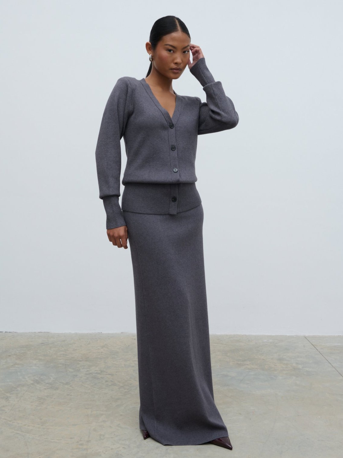 Justine Rib Knit Maxi Skirt - Grey Marl