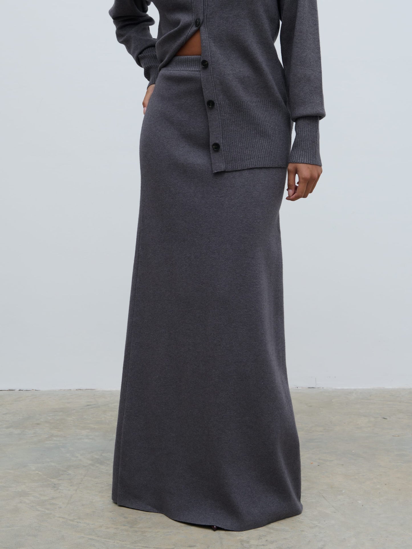 Justine Rib Knit Maxi Skirt - Grey Marl