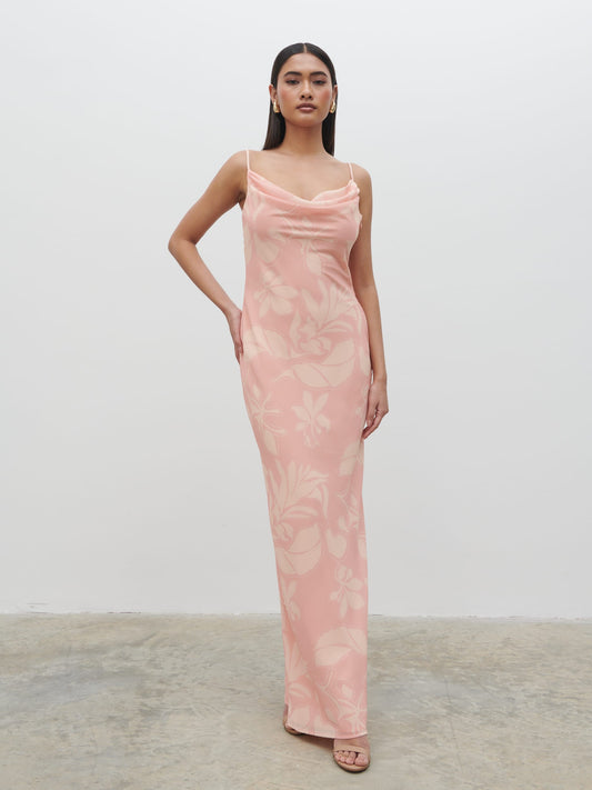 Keisha Ruched Chiffon Maxi Dress - Blush Abstract Leaf