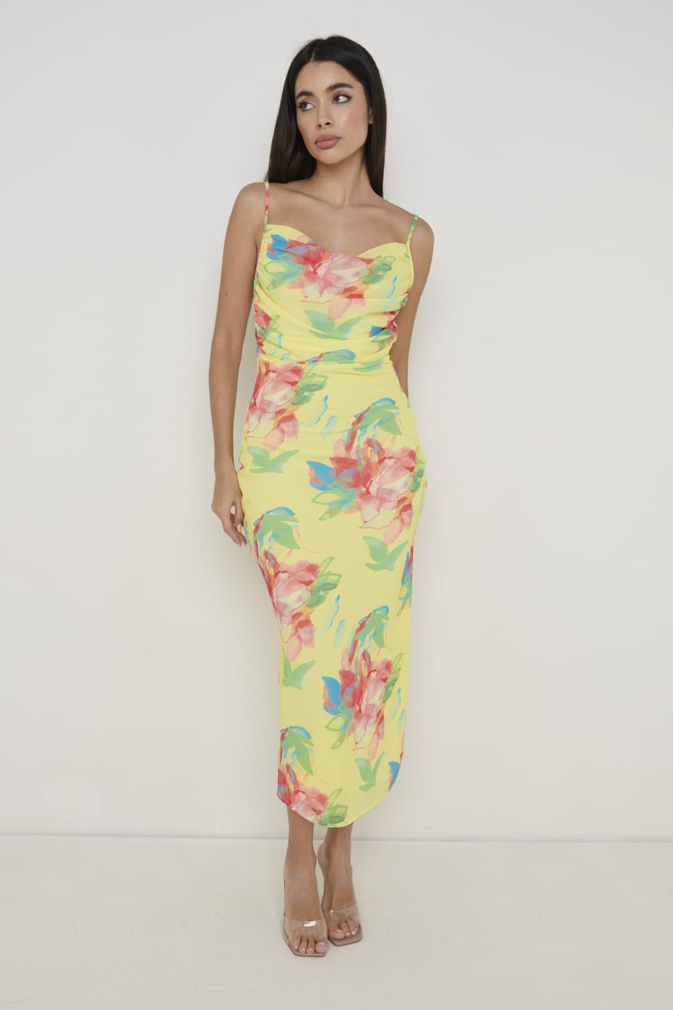 Keisha Ruched Midaxi Dress - Lemon Abstract Floral