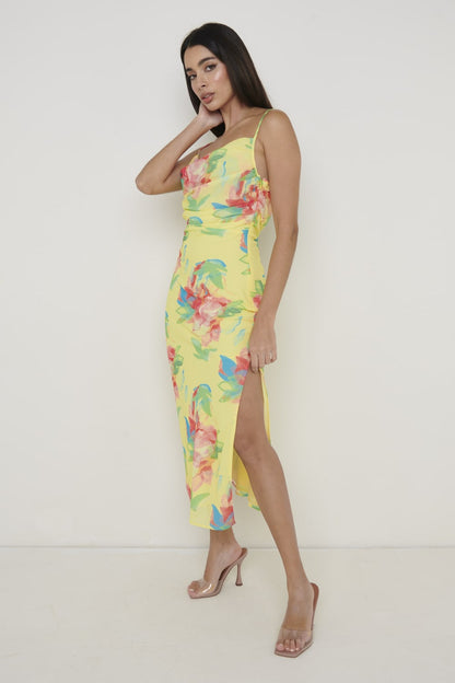 Keisha Ruched Midaxi Dress - Lemon Abstract Floral