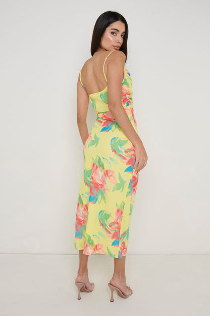 Keisha Ruched Midaxi Dress - Lemon Abstract Floral