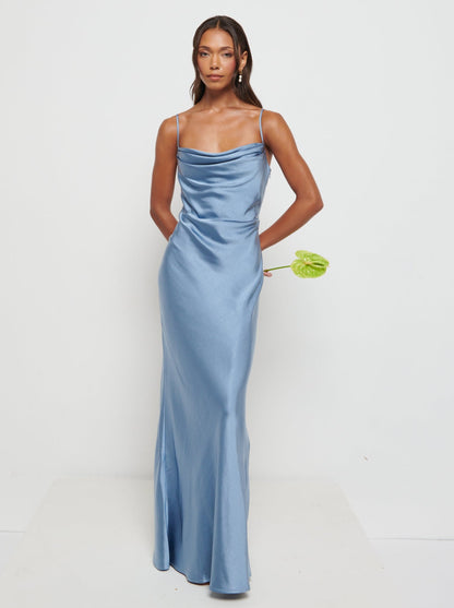 Keisha Maxi Satin Bridesmaid Dress - Dusty Blue