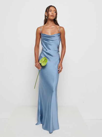 Keisha Maxi Satin Bridesmaid Dress - Dusty Blue