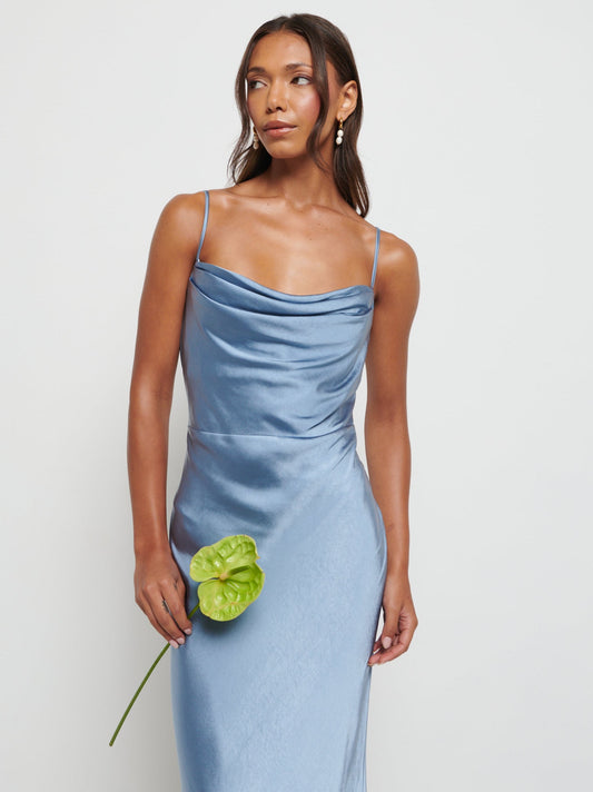 Keisha Maxi Satin Bridesmaid Dress - Dusty Blue
