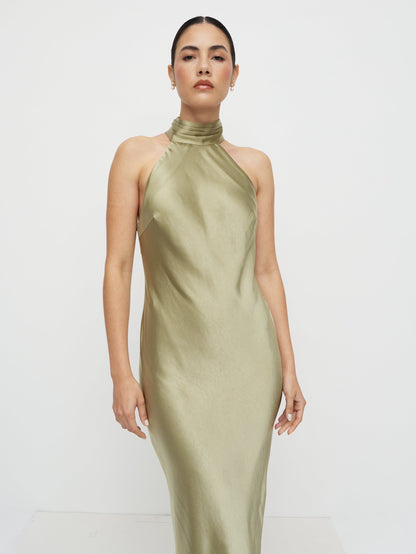Kiara Satin Maxi Dress - Olive