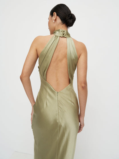 Kiara Satin Maxi Dress - Olive