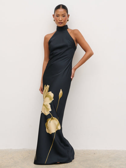 Kiara Halterneck Maxi Dress - Largescale Poppy Petal Gold