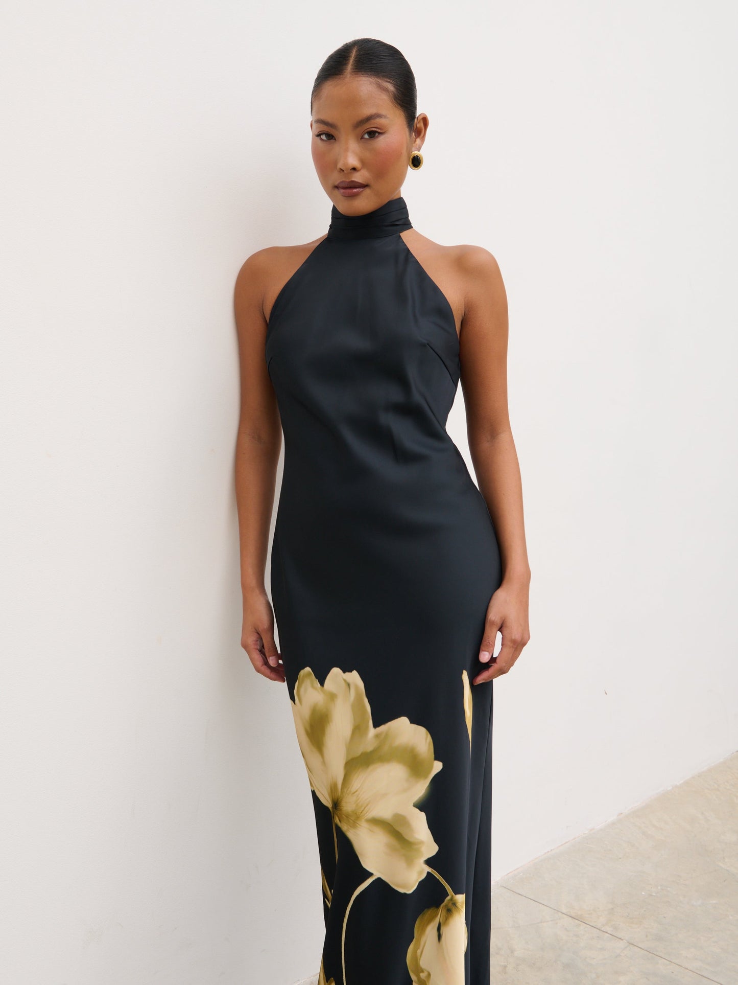 Kiara Halterneck Maxi Dress - Largescale Poppy Petal Gold