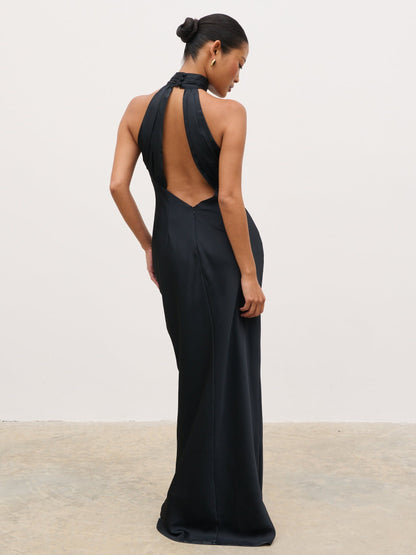 Kiara Halterneck Maxi Dress - Largescale Poppy Petal Gold