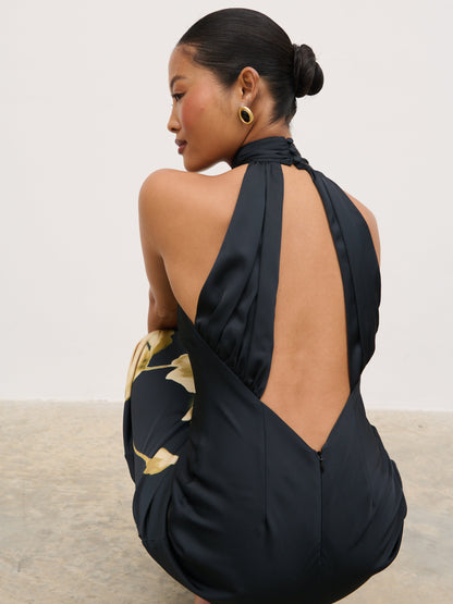 Kiara Halterneck Maxi Dress - Largescale Poppy Petal Gold