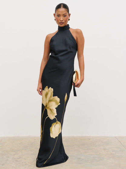 Kiara Halterneck Maxi Dress - Largescale Poppy Petal Gold