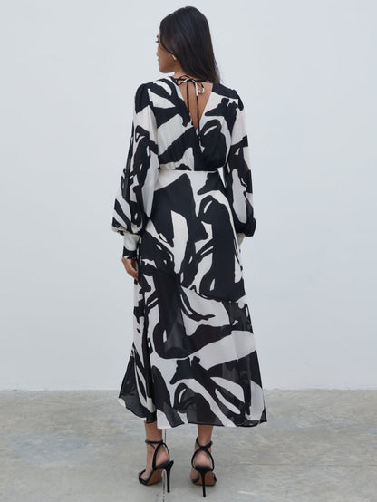 Lilianna Balloon Sleeve Printed Dress - Monochrome Abstract