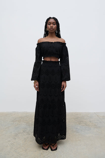 Lilla Broderie Cropped Top - Black