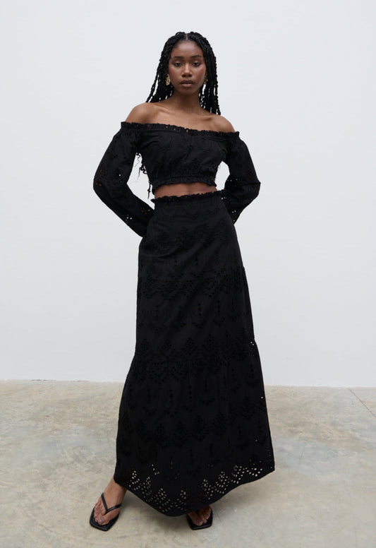 Lilla Broderie Maxi Skirt - Black