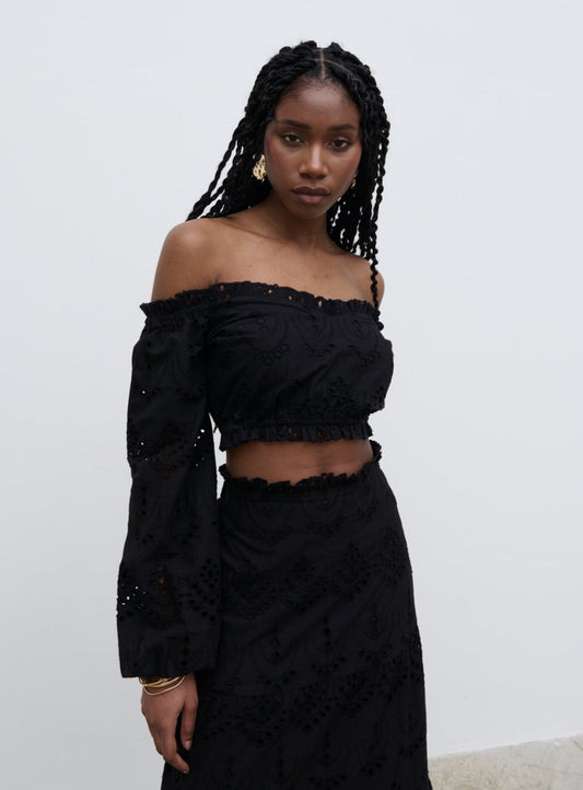 Lilla Broderie Cropped Top - Black