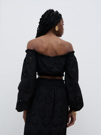 Lilla Broderie Cropped Top - Black