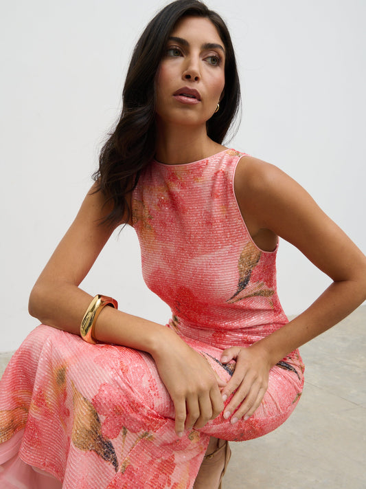 Lilou Printed Sequin Midaxi Dress - Orange Large Scale Floral