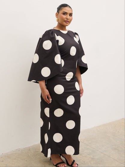 Liora A-Line Midaxi Dress Curve - Black and Cream Polkadot