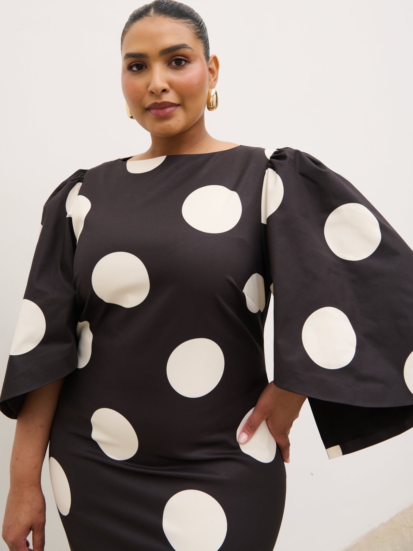 Liora A-Line Midaxi Dress Curve - Black and Cream Polkadot