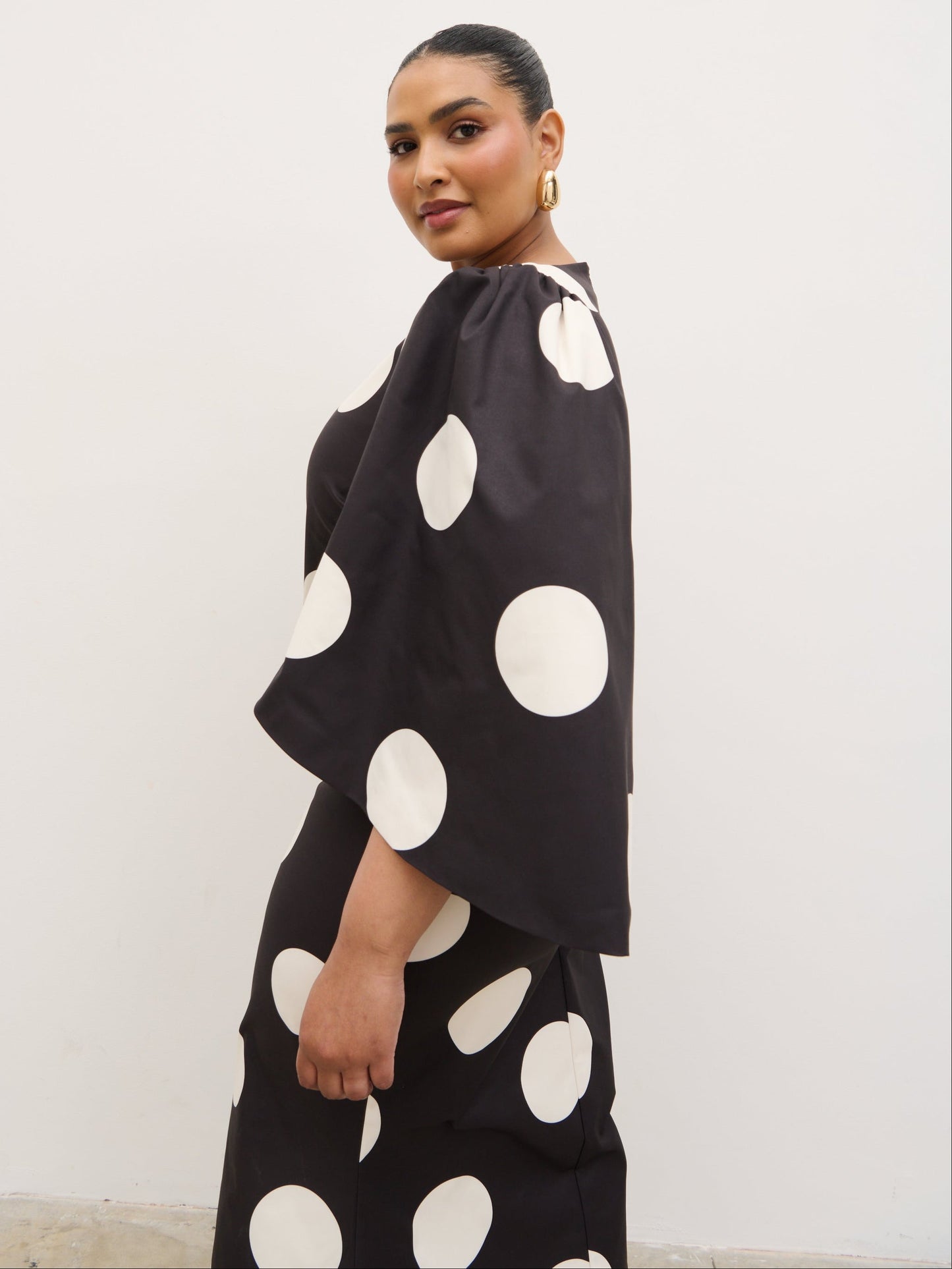 Liora A-Line Midaxi Dress Curve - Black and Cream Polkadot