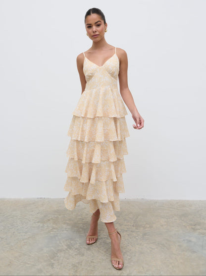 Lissy Ruffle Midaxi Dress - Yellow Abstract