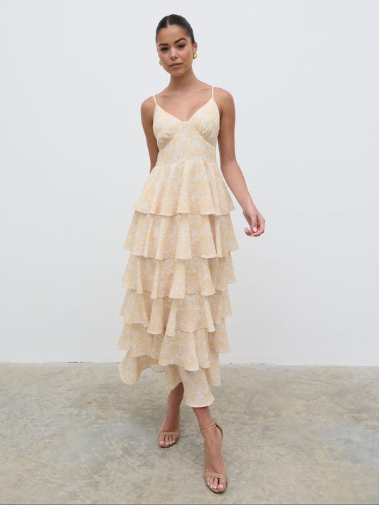Lissy Ruffle Midaxi Dress - Yellow Abstract
