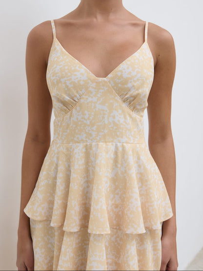 Lissy Ruffle Midaxi Dress - Yellow Abstract