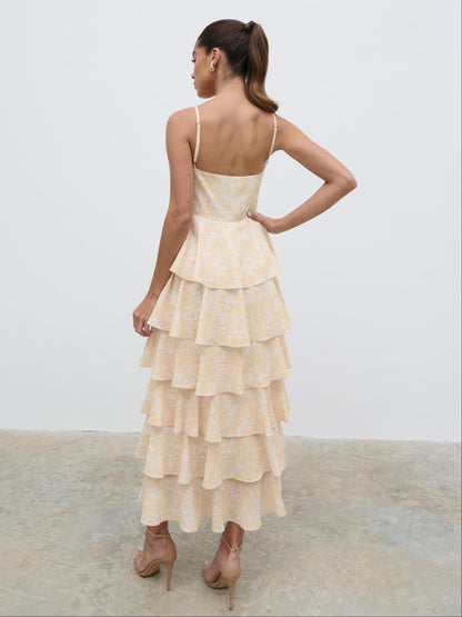 Lissy Ruffle Midaxi Dress - Yellow Abstract