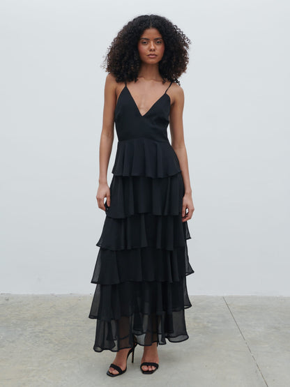 Lissy Ruffle Textured Maxi Dress - Black