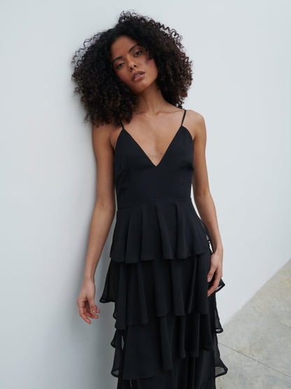 Lissy Ruffle Textured Maxi Dress - Black