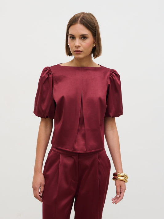 Lorah Puff Sleeve Bonded Satin Top - Wine