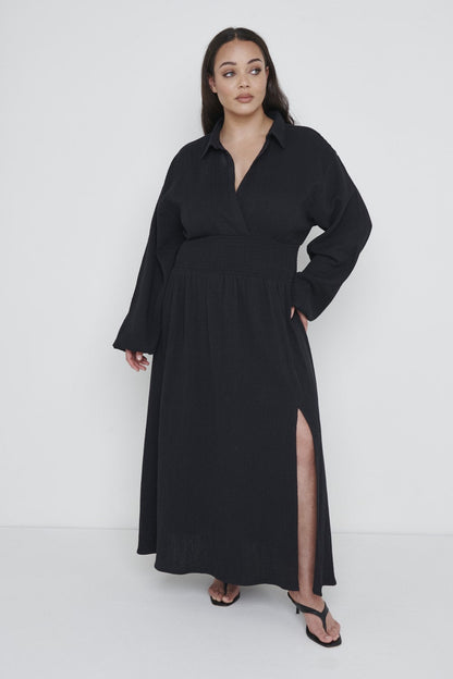 Loretta Shirred Midaxi Dress Curve - Black