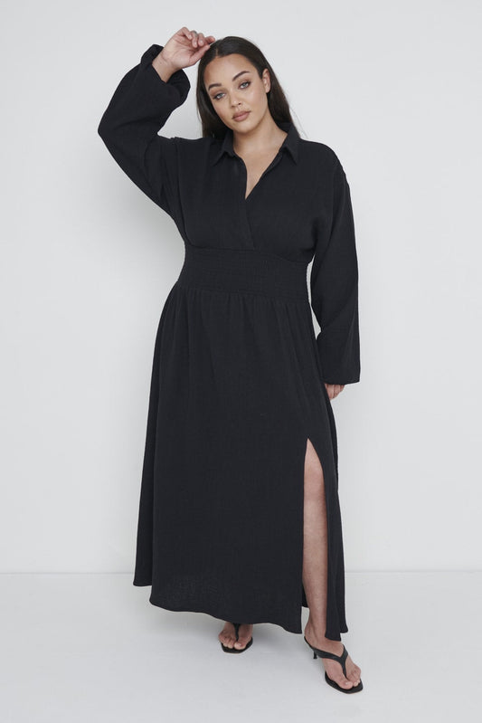 Loretta Shirred Midaxi Dress Curve - Black