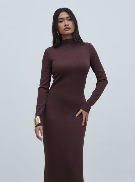 Mabel High Neck Jersey Maxi Dress - Brown