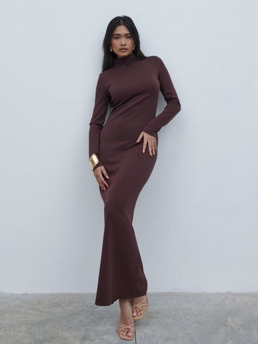 Mabel High Neck Jersey Maxi Dress - Brown