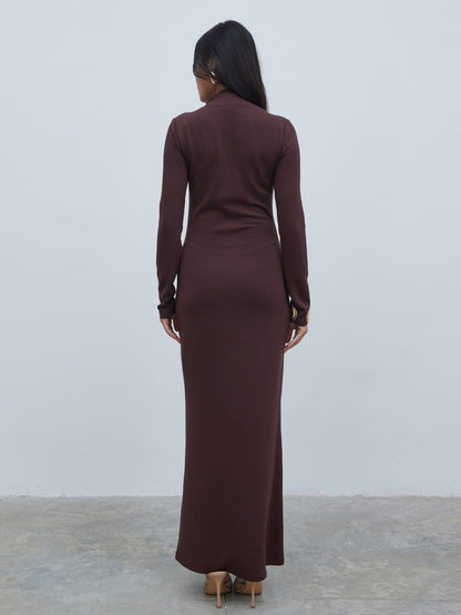 Mabel High Neck Jersey Maxi Dress - Brown