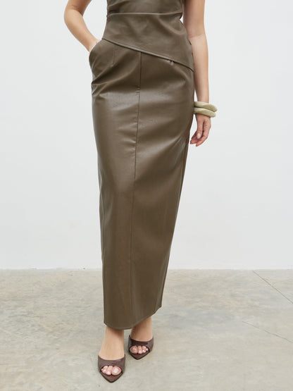 Maeve Faux Leather Maxi Skirt - Khaki